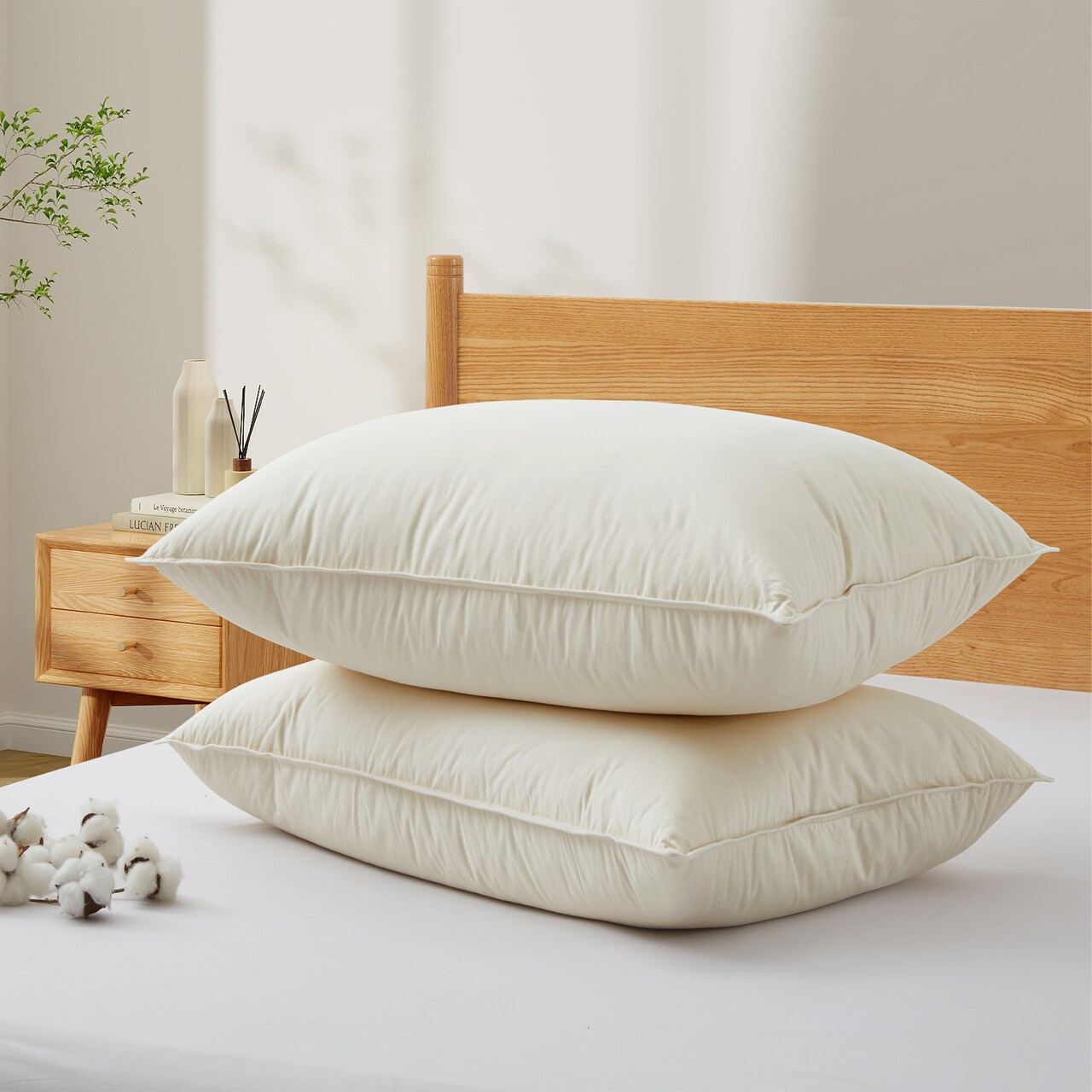300 Tc Organic Cotton Goose Down Feather Pillows Pillow-In-Pillow Set Of 2